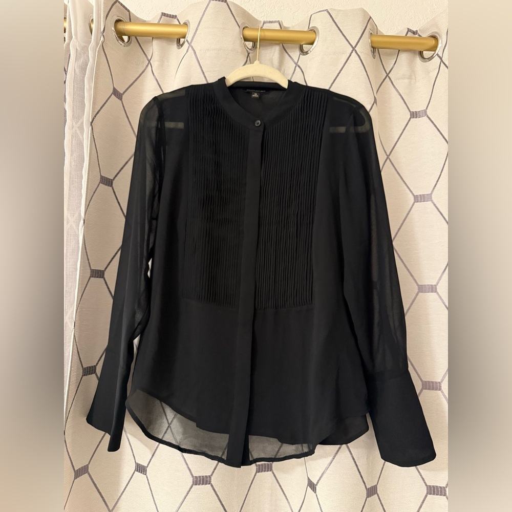 Banana Republic Black Pleated Sheer Long-Sleeve Blouse